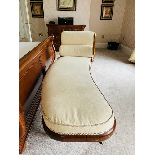 92A - Superb Victorian chaise lounge in light oak on castors with cream upholstery. 68''l x 33''h