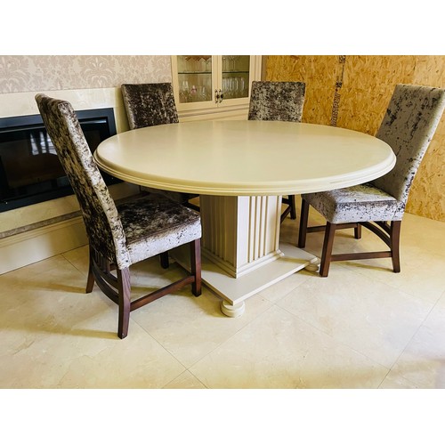 179 - Quality round dining room table with 6 chairs covered in crushed velvet. table is 60''d x 32''h