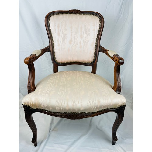 81 - Pair of Cream covered mahogany armchairs, seat height 16''h