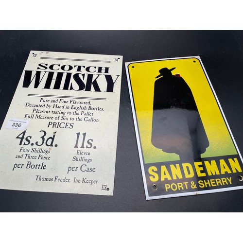 336 - 2 vintage enamel advertising signs, heavy, Sandeman Port and Scotch Whisky