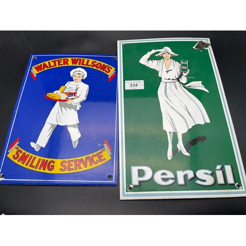 334 - 2 vintage enamel advertising signs, heavy, Persil and Walter Wilsons 13'' x 8''