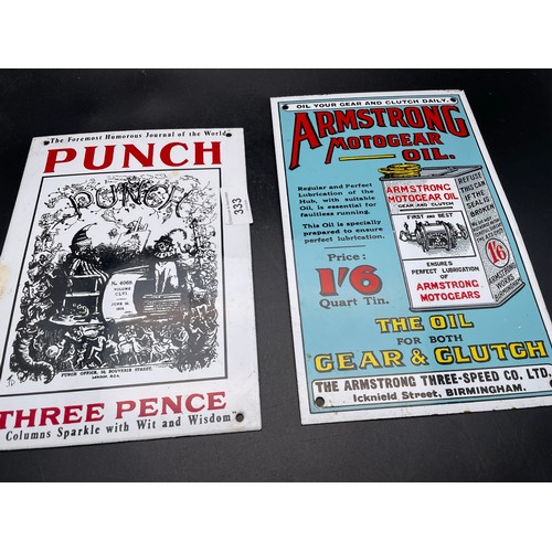 333 - 2 vintage enamel advertising signs, heavy, Punch Magazine and Armstrong motor oil