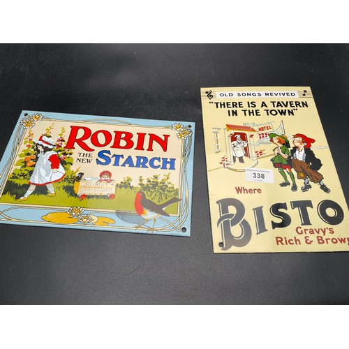 338 - 2 vintage enamel advertising signs, heavy, Robin's Starch and Bisto