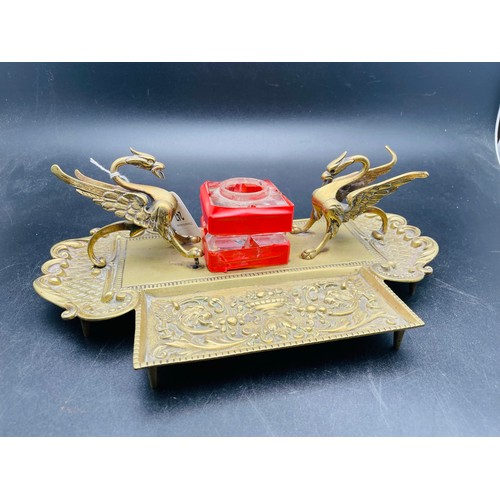 247 - Oriental brass desk tidy (glass inkwell as found) 8''l