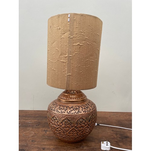 28 - Large copper electric lamp with silk shade, 27'' h