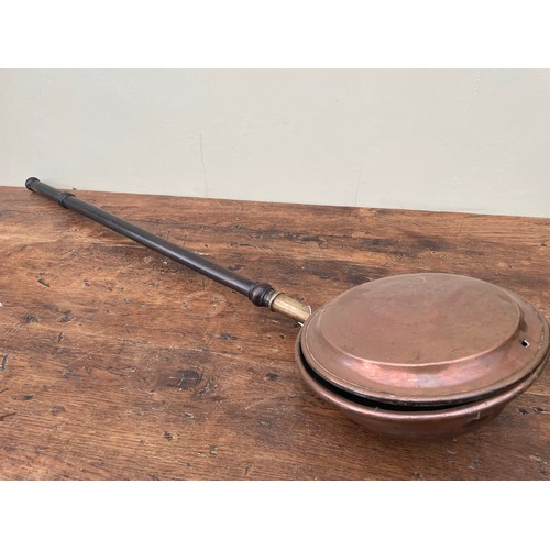 34 - Victorian copper bed warmer with oak handle, 47''h