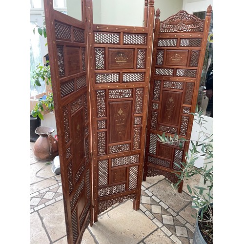 43 - Brass Inlaid rosewood decorative room screens , 4 panels, each panel measures 71'' x 18''w