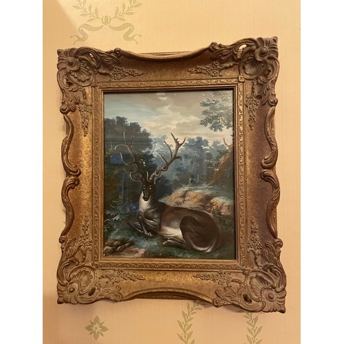 155 - A pair of Austrian antique gilt framed pictures of deer, 14'' x 12''