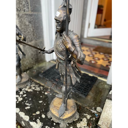 158 - Detailed brass statue of a knight with sword and spear, 40''h, heavy