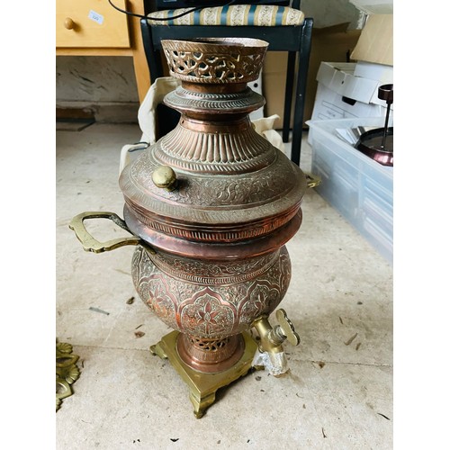 332 - A heavily engraved copper and brass samovar, 15''h