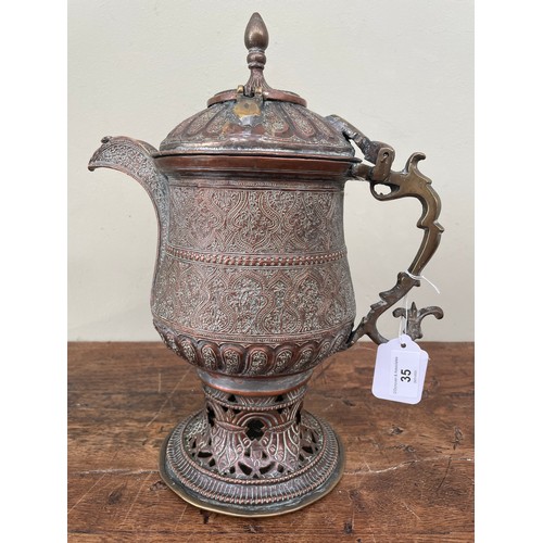 35 - Antique middle eastern heavily decorated tea pot, 14''h