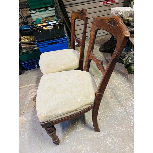 36 - Pair of Victorian oak hall chairs, with cream upholstery.  seat h 17'', sturdy