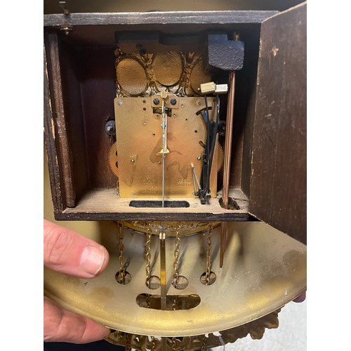 66 - Very ornate French gilded wall clock complete with weights and chains