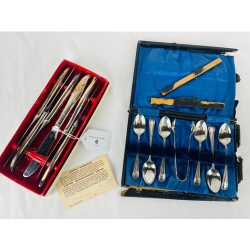 6 - An incased set of 6 silver plate knives by Oneida Silversmiths , Bangor and a case of 6 tea spoons a... 