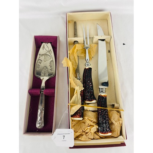 7 - Bone handles carving set and cake slice in original boxes