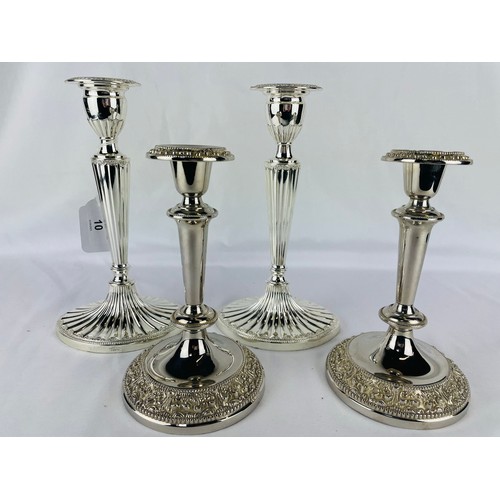 10 - 2 pairs of quality silver plated candle sticks 10'' and 8''h