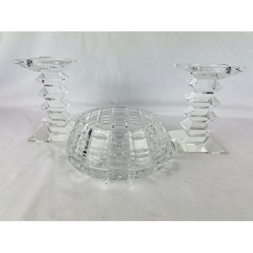 19 - A large Waterford Crystal bowl (7.5''w) and a pair of Newgrange Candlesticks