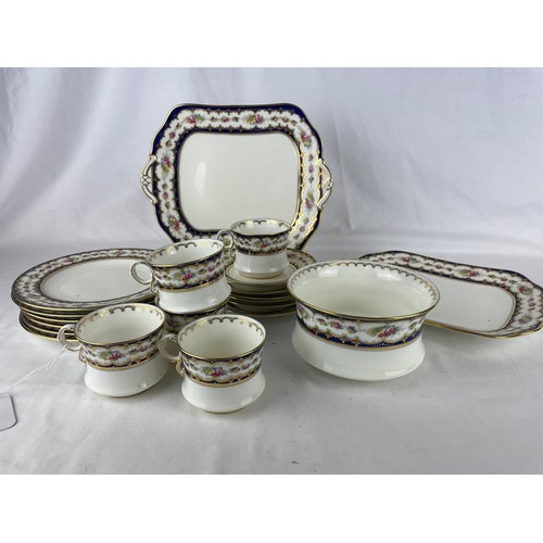 24 - Cauldon England, 6 saucers, 6 side plates, 2 serving dishes and a sugar bowl. Strong Colours