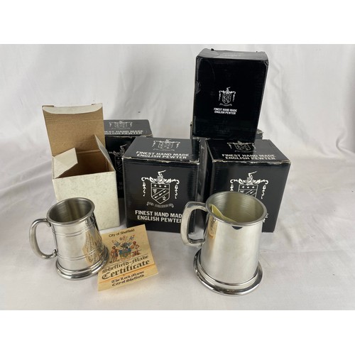 38 - 5 pewter tankards 1/2 pint and a childs heirloom tankard