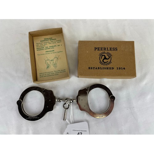 42 - Peerless handcuff Co. Springfield Massachusetts, USA set of handcuffs in original box with key