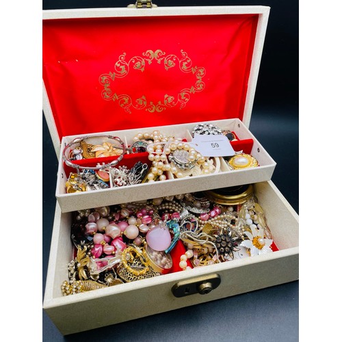 58 - Vintage cream jewellery box with assorted vintage and silver antique jewelry