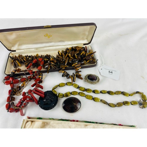 54 - Vintage - 2 boxes of vintage antique tigers eye and other gemstone necklaces and broaches