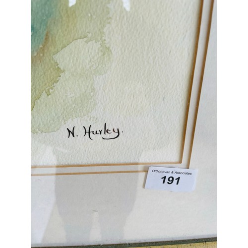 191 - Watercolor by N Hurley framed and signed, 36''h x 31''w