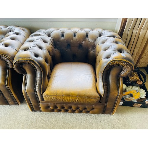 246 - Large brown leather chesterfield sofa and two matching armchairs, sofa 7' l x 34''d  x 16'' seat h. ... 