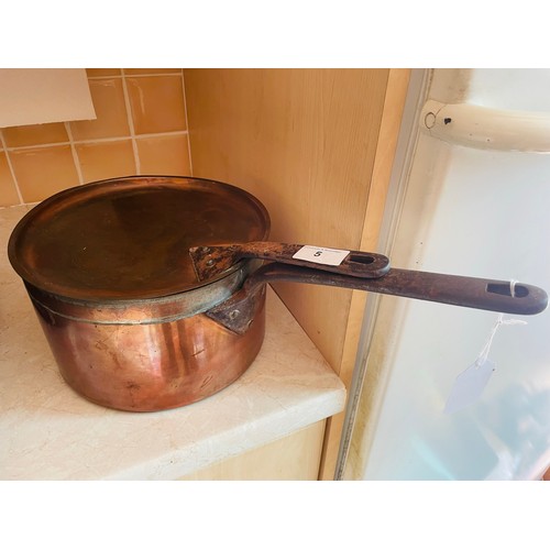 5 - Antique heavy copper saucepan with iron handle and lid, 9''d x 6''h