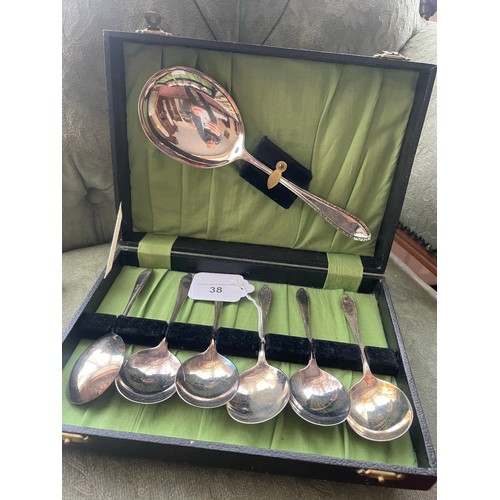 38 - Incased box of 6 spoons  and serving spoon, EPNS