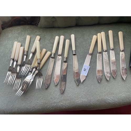 39 - A collection of bone handled 9 knives and 9 forks, Cambridge EPNS