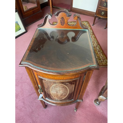 44 - Victorian heavily inlaid single door locker with Sheraton legs on brass castors with fitted glass to... 