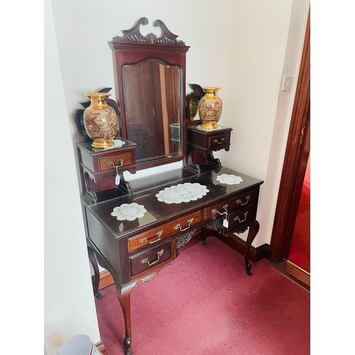 59 - Superb mahogany carved dressing table with brass handles and beveled glass mirror, 42''w x 22''d x 6... 