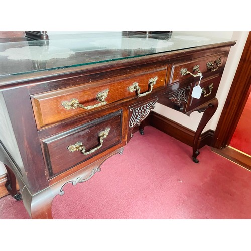 59 - Superb mahogany carved dressing table with brass handles and beveled glass mirror, 42''w x 22''d x 6... 