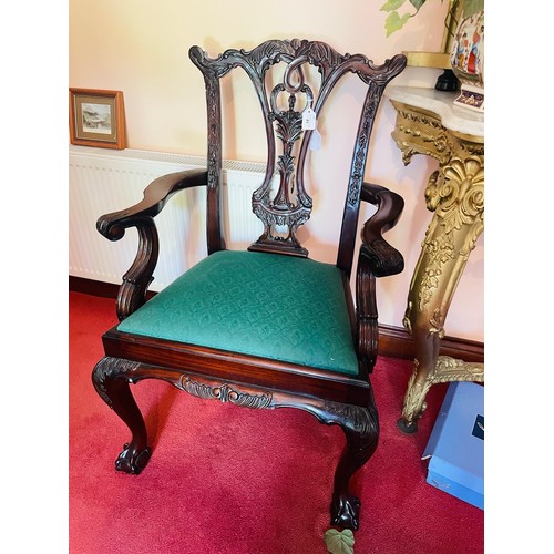 91 - Superb mahogany chippendale style arm chair, heavily carved, seat h 19''