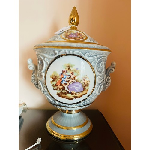 94 - Beautiful large Italian capodimonte urn with lid 9''d x 16''h