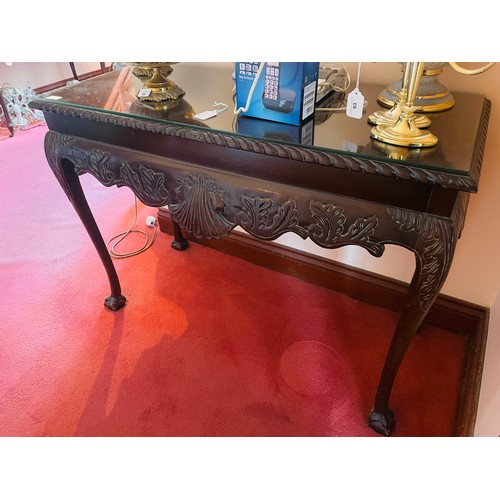 97 - Superb Victorian mahogany rope edged hall table with shell carving and ball and claw feet. 30'' x 42... 