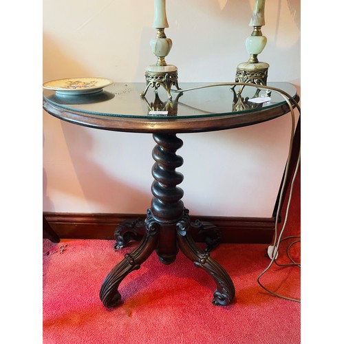 102 - Mahogany half moon hall table with barley twist column and fitted glass, 27''h x 30''w