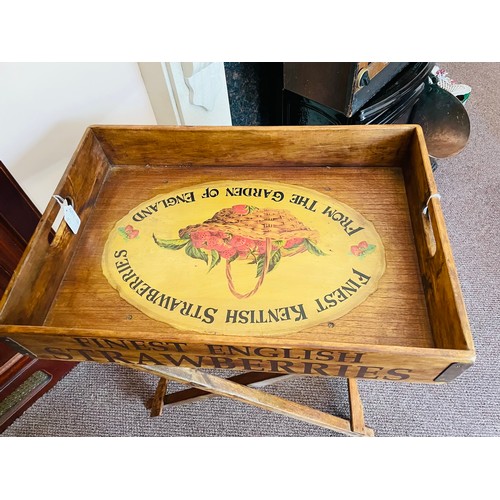 212 - Vintage wooden tray and folding stand, 'Finest English Strawberries', 25''w x 17''d x 30''h