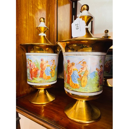 219 - A quality pair of heavy Italian urns with lids, 12'' h , made in Florence