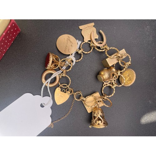 118 - Hallmarked 9 carat gold charm bracelet with complete with 9 hallmarked gold charms. 46 grams in weig... 