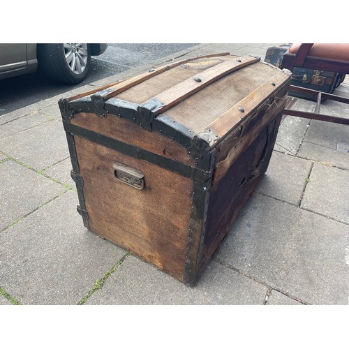 157B - Early Victorian oak roll over trunk. Very good condition for its age. Hinges in good order.