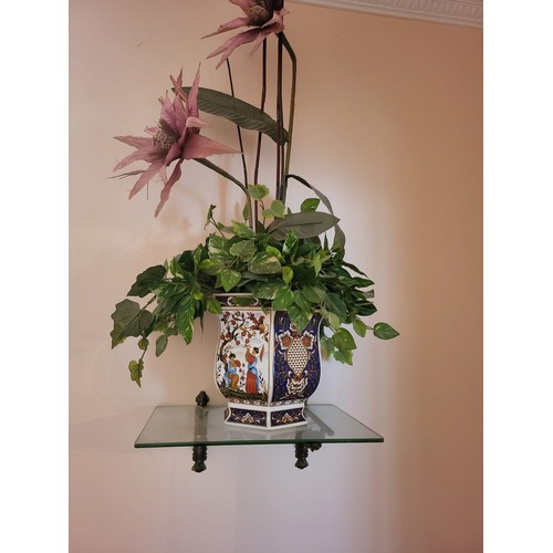 98A - Oriental  6 sided 10'' vase and faux flowers