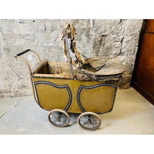 104 - Victorian pram with a steel and wood frame, hand painted, 35''h x 36''l x 14''w