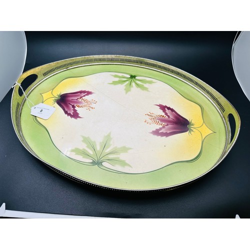 8 - Hand painted porcelain tray with Silver plated surround. 18''l