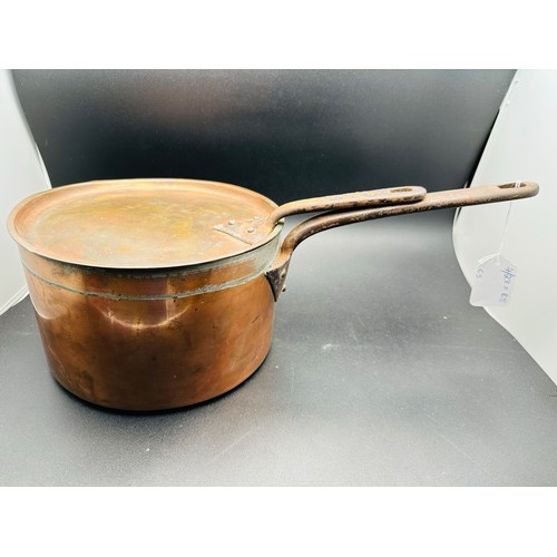 77 - Larger Victorian copper saucepan with with lid and iron handles, 9''d