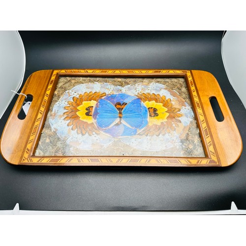 82 - Inlaid Hand painted tray with butterfly and glass surface, 19''l x 11''w