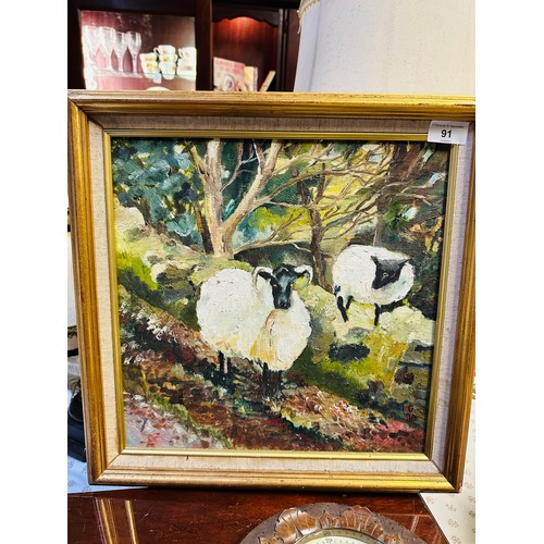 91 - Oil on board in a gilt frame, sheep, 'DG '90'