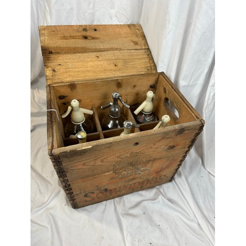 137 - Schweppes vintage timber crate and 6 soda siphons