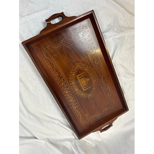 154 - Heavy inlaid timber tray, beautifully crafted, 28''w